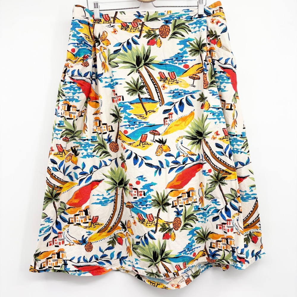 St Johns Bay Womens Tropical Resortwear Beach Scene Retro Summer Midi Skirt 1X